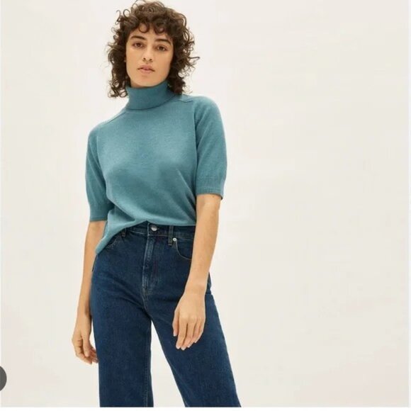Everlane Wool Cotton Short Sleeve Turtle Neck Tee Sweater Green - Picture 1 of 12